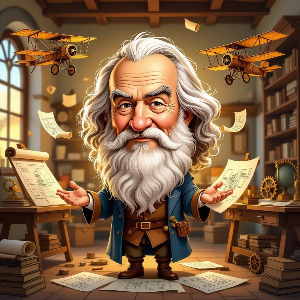 Caricature of Leonardo da Vinci, Master of Renaissance Inven...