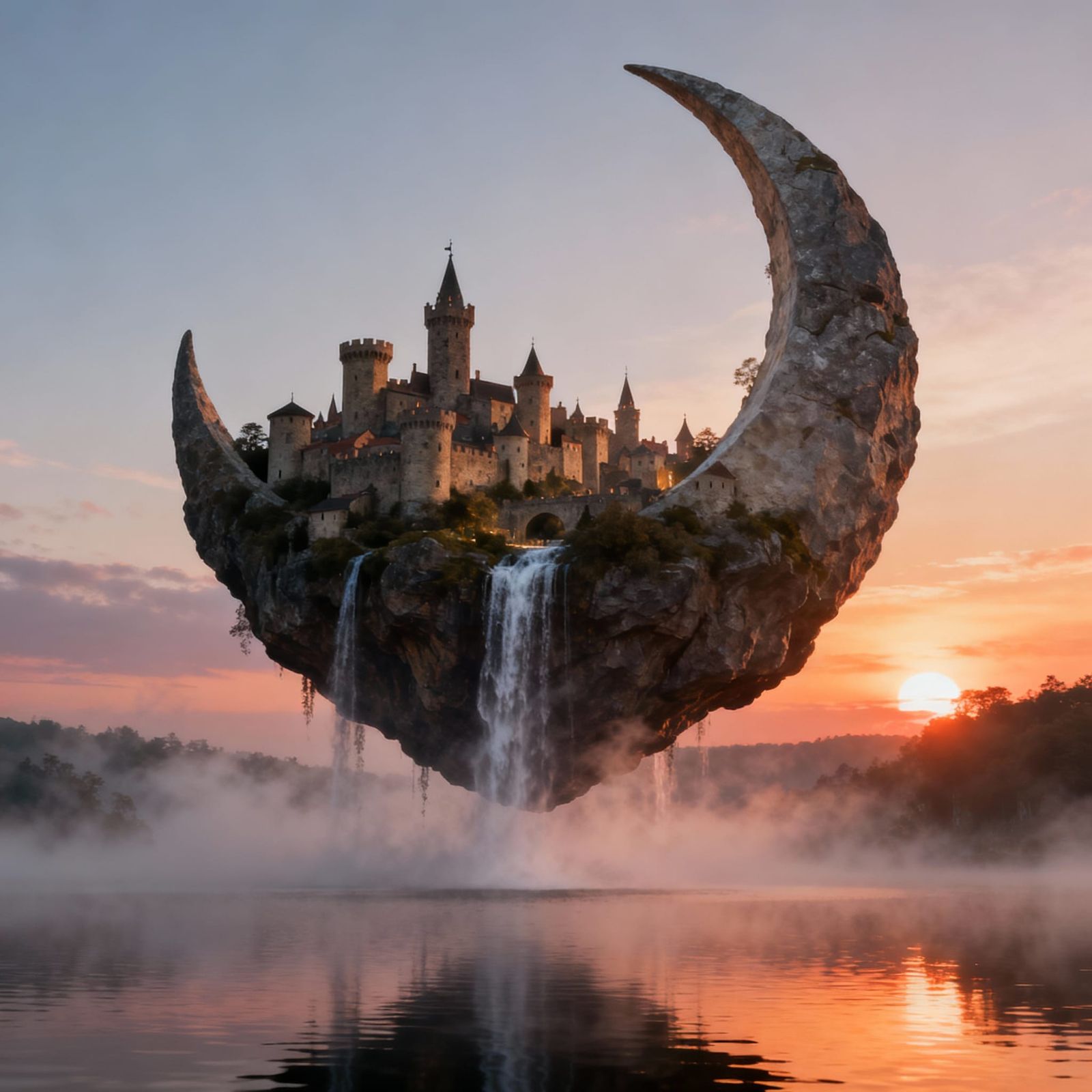 Medieval City Waterfall on Floating Crescent Rock