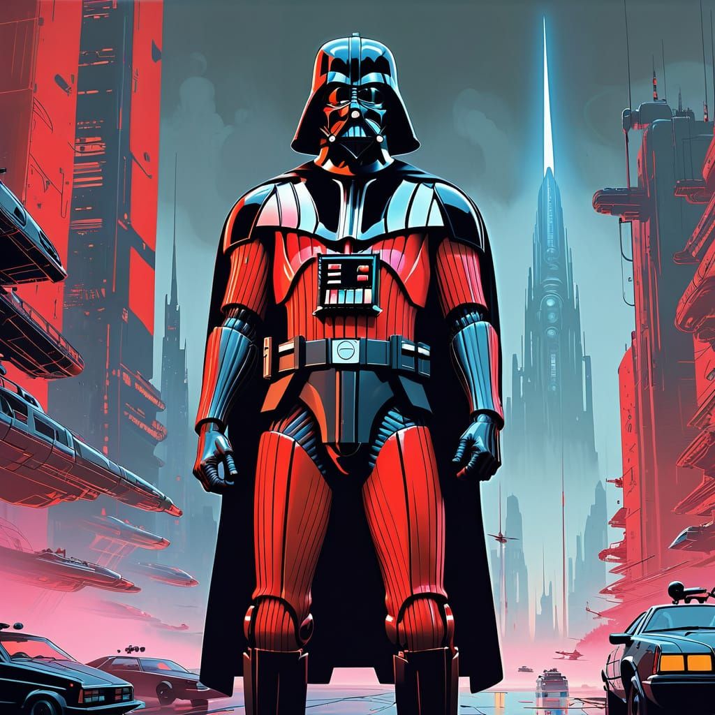Colossal Crimson Vader Dominates Futuristic Metropolis