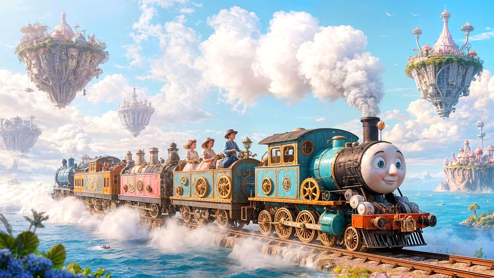 Whimsical Train Journey in Fantastical Ocean-Sky