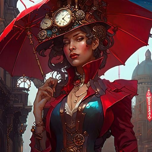 Steampunk Clockwork Goddess in Red Umbrella City
