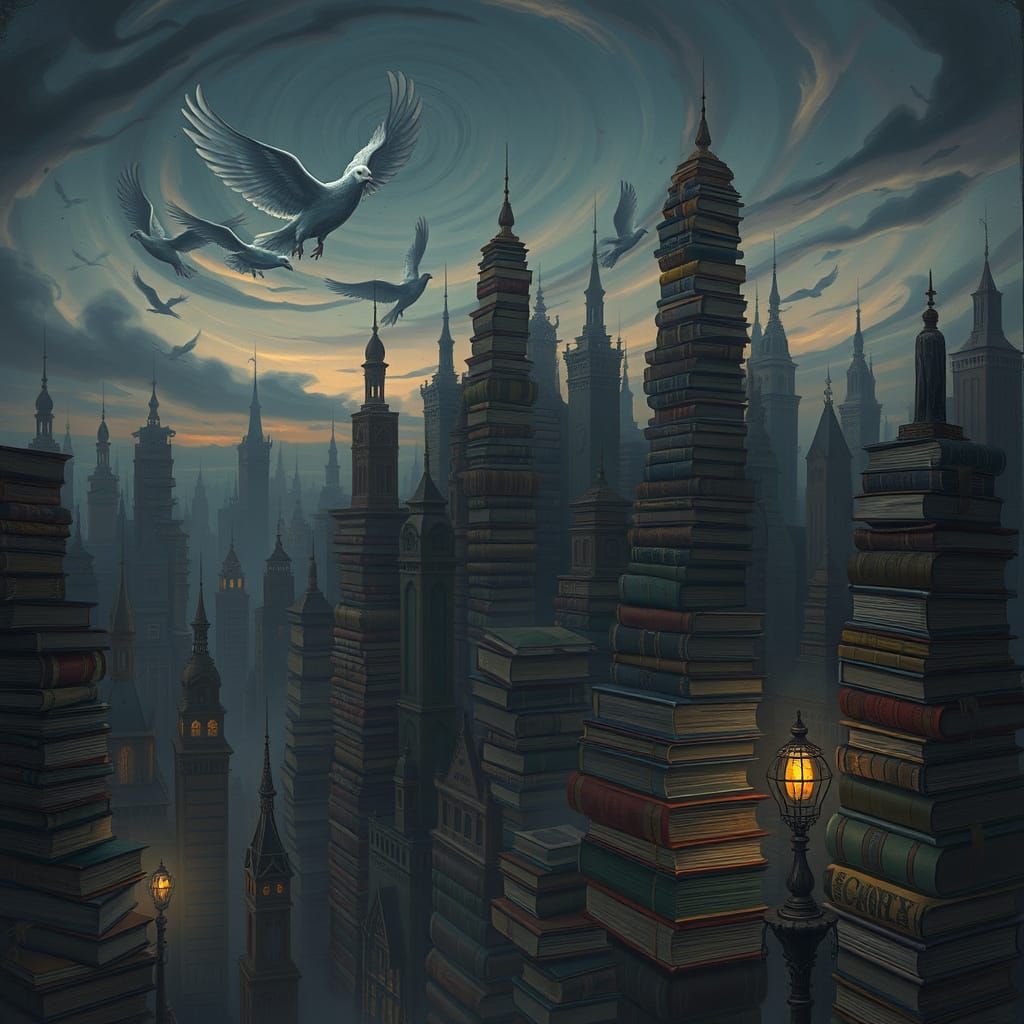 Surreal Cityscape of Book Towers with Ethereal Pigeons