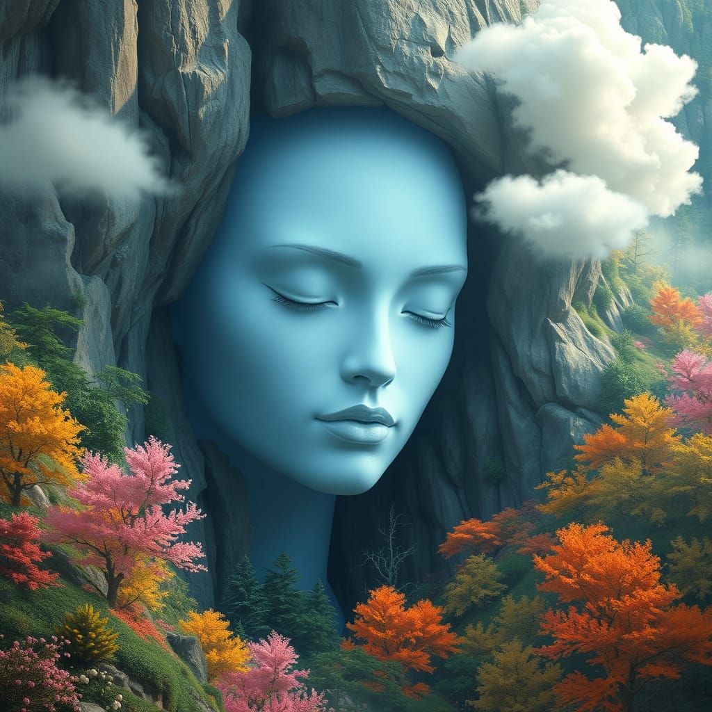 Ethereal Giantess Emerges from Verdant Cliffside