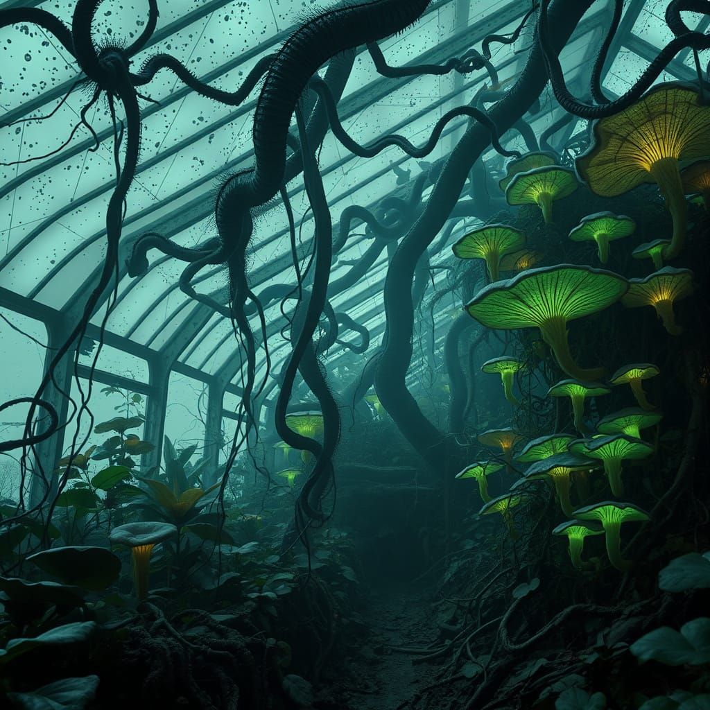 Eerie Greenhouse with Glowing Fungi, Grotesque Biomechanical...