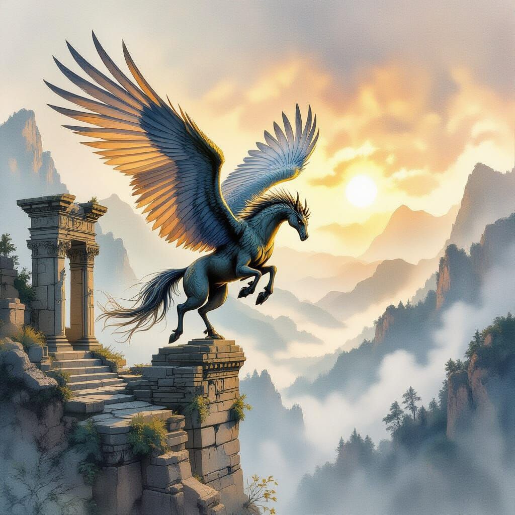 Bronze Hippogriff Takes Flight Over Misty Valley