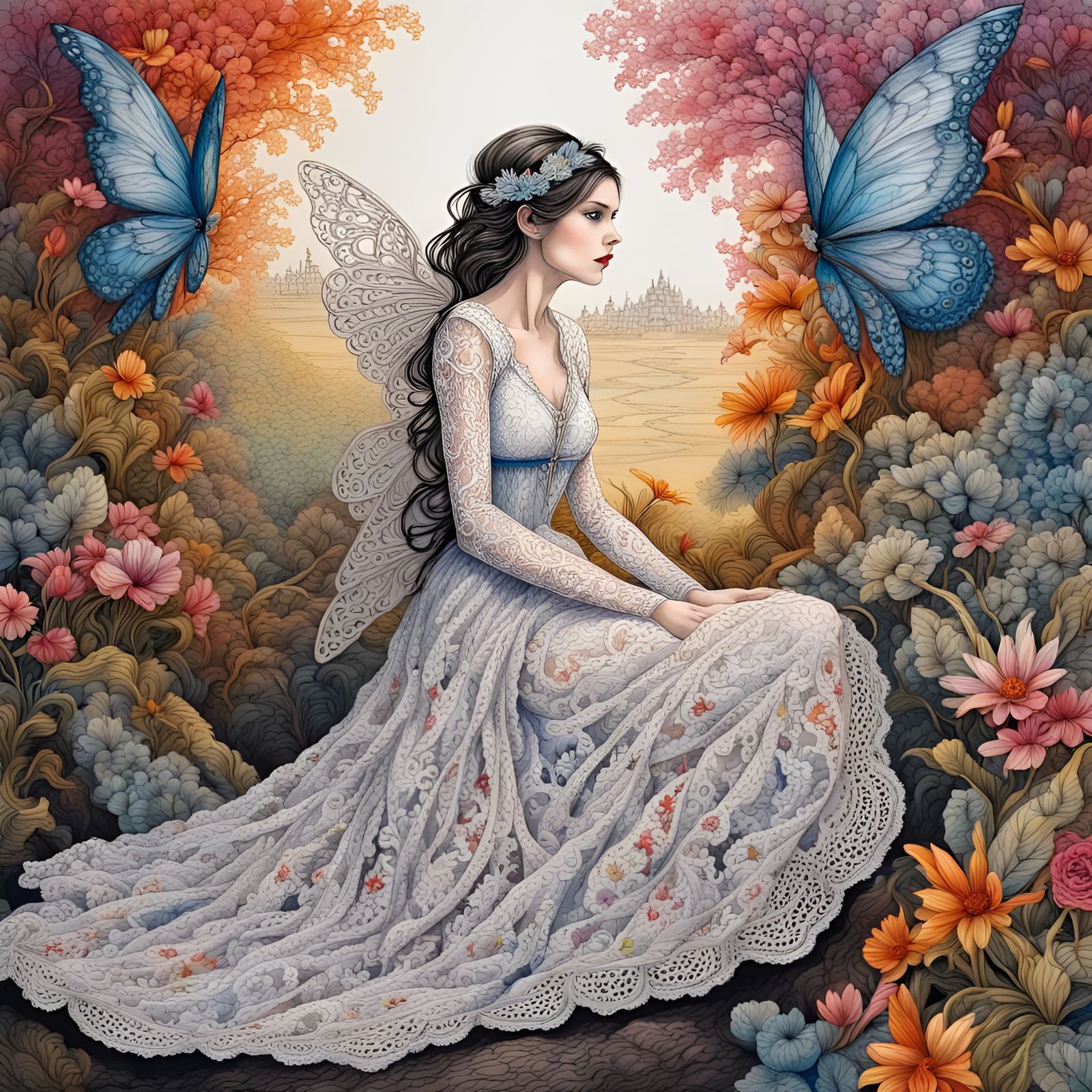 Beautiful fairy with lace filigree wings and dress