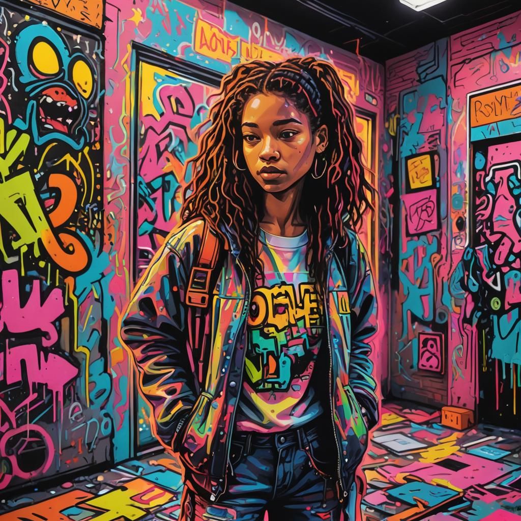 Teen in Neon Graffiti Wardrobe, Urban Art Style