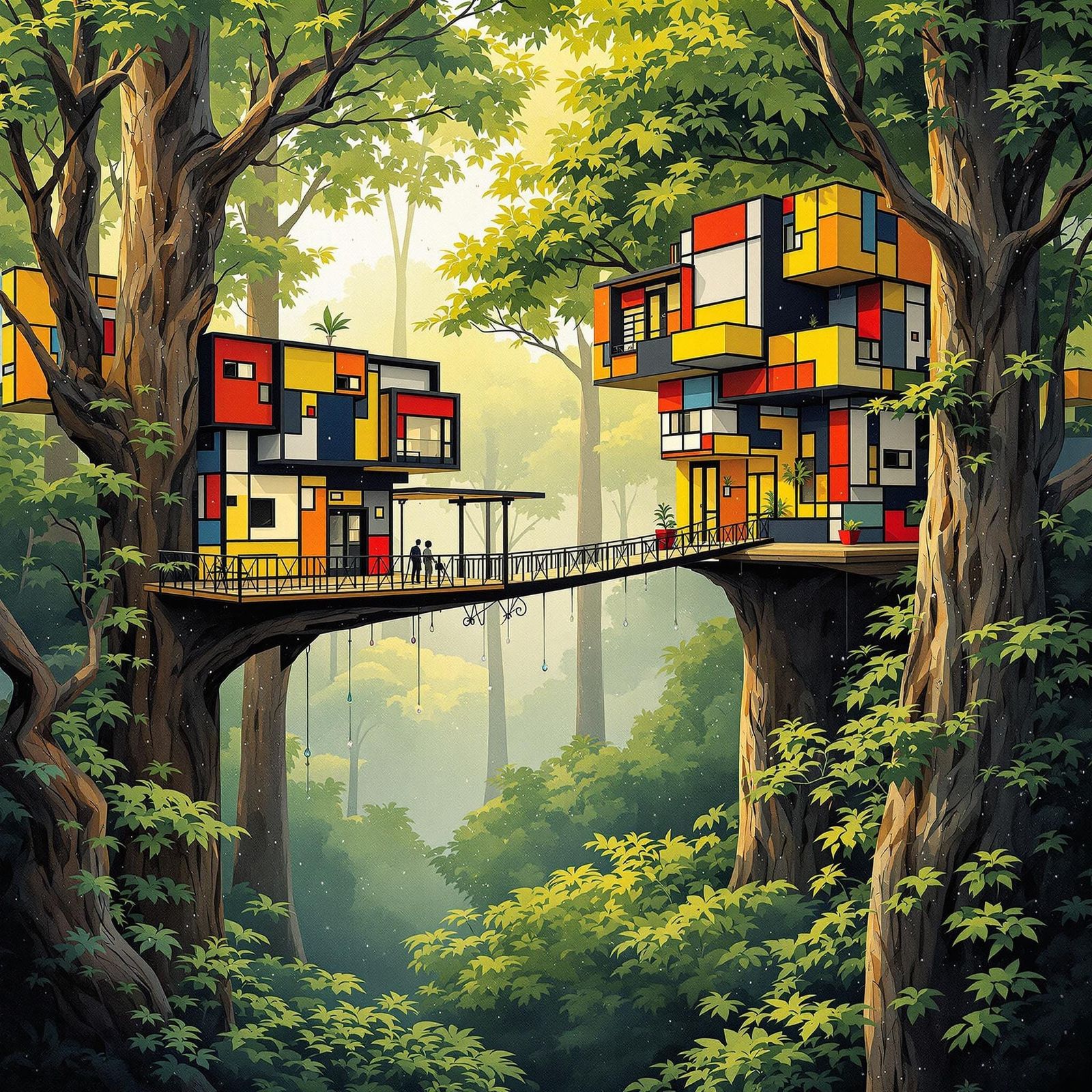 Cubist Treehouses in a Surreal, Dreamlike Landscape
