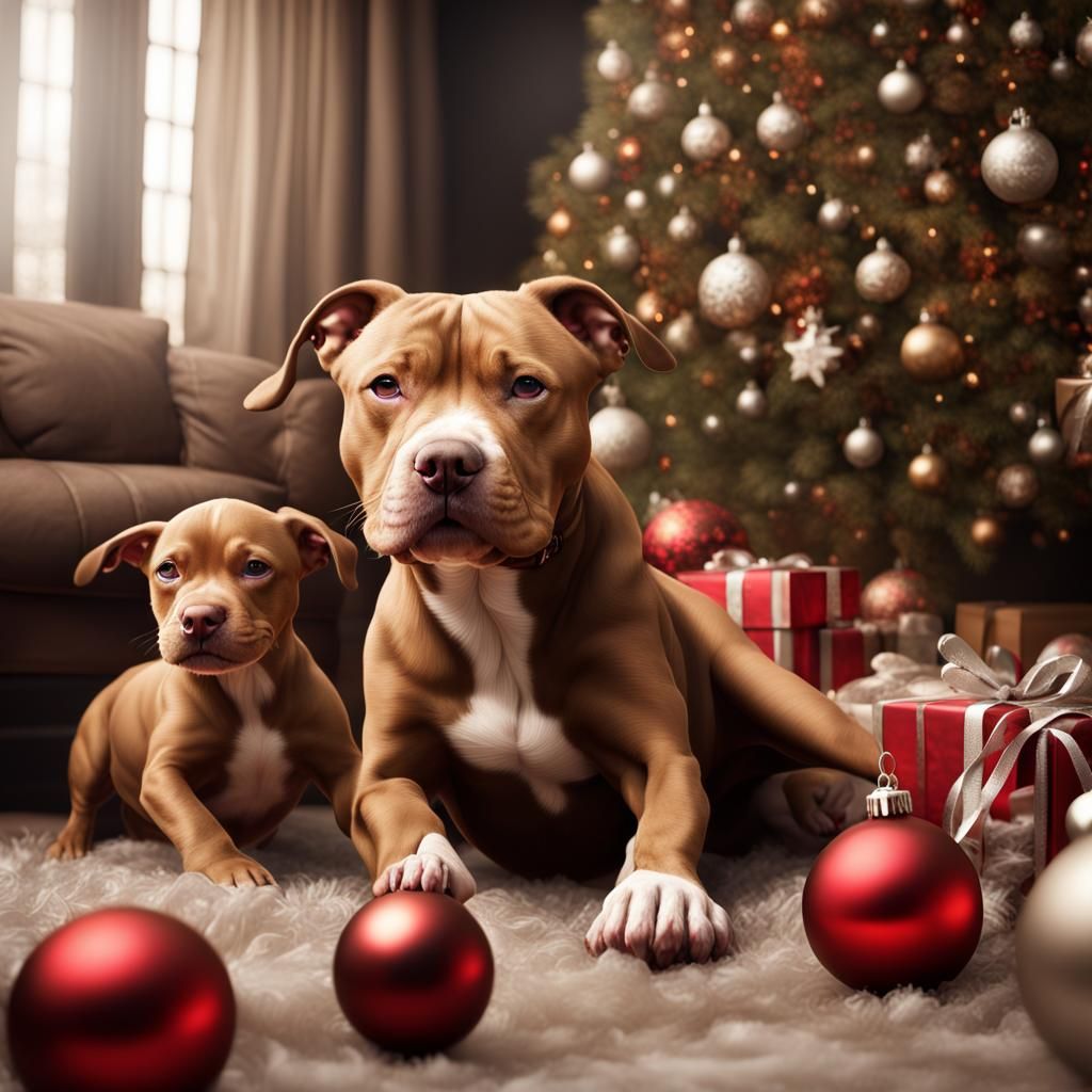 Pitbull and Puppies Play with Christmas Ornaments