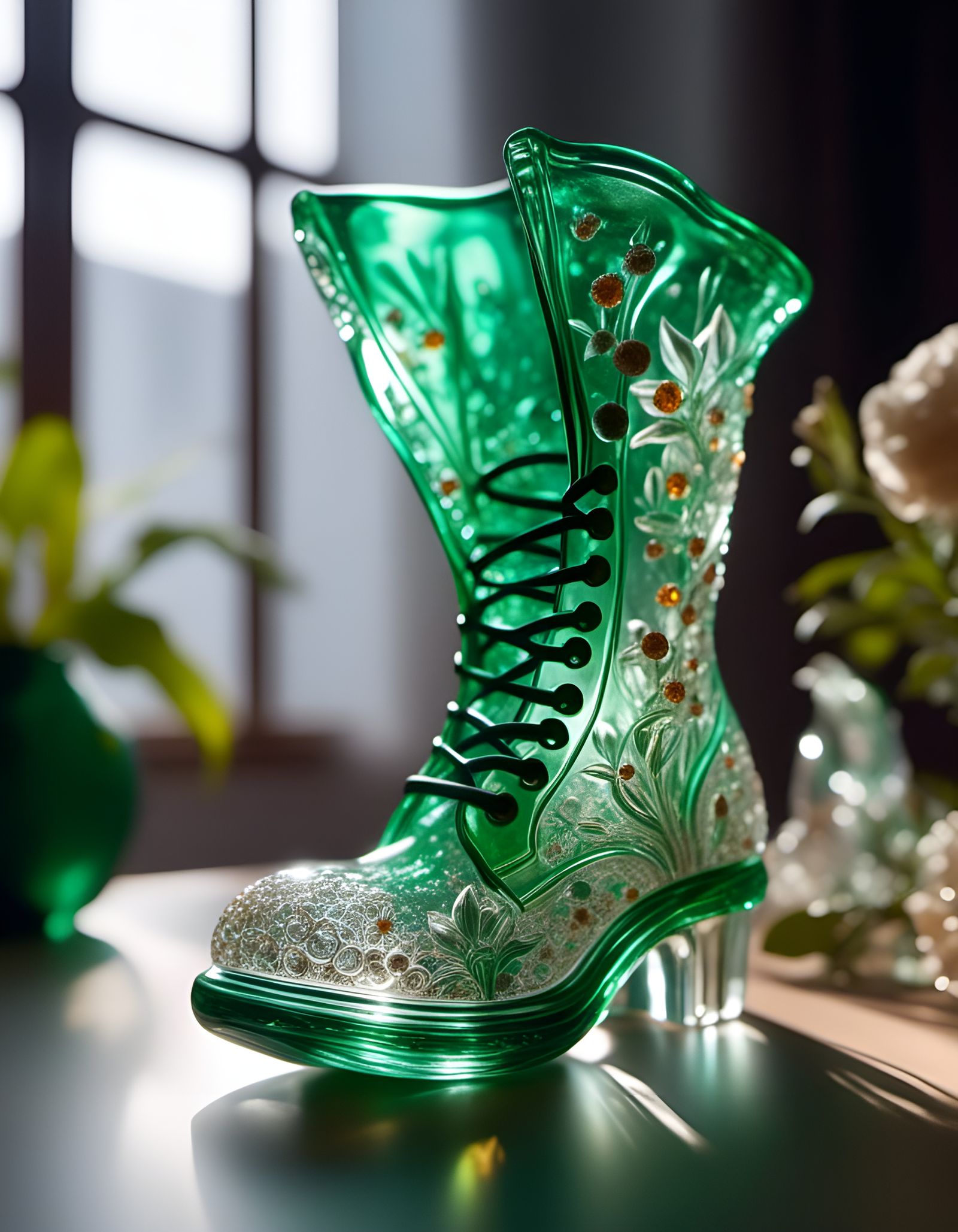 Glass Boot Filled with Green Astronauts