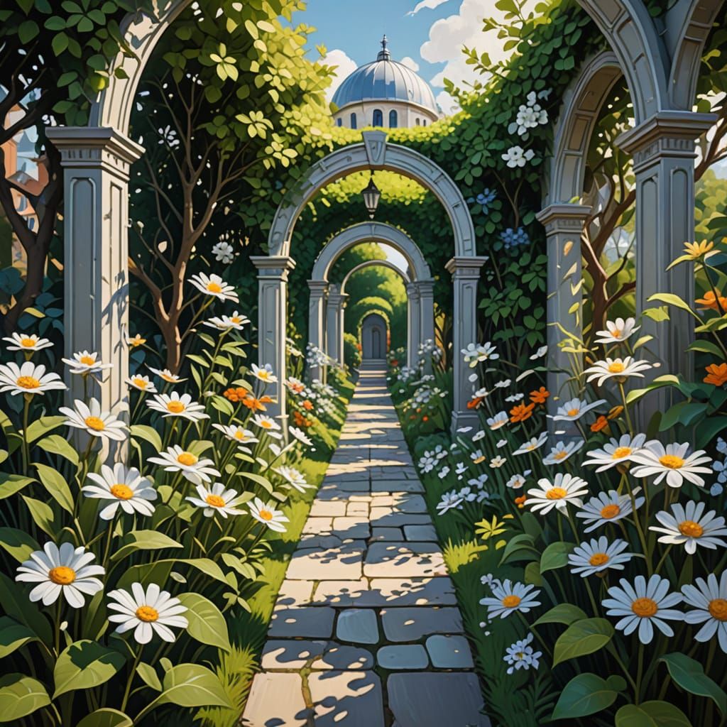 Neo-Cubist Garden Path with Silver Flowers