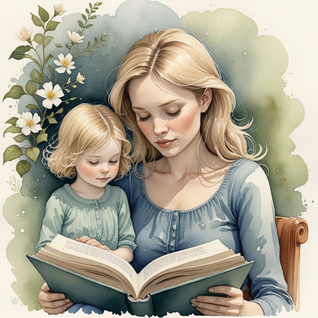 Watercolor Mother and Child Reading Together