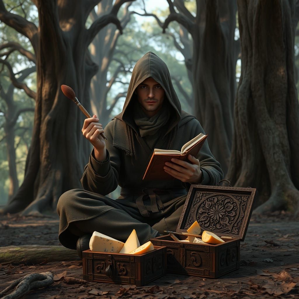 Mysterious Figure in Forest, Earth-Toned Attire, Holding Ske...