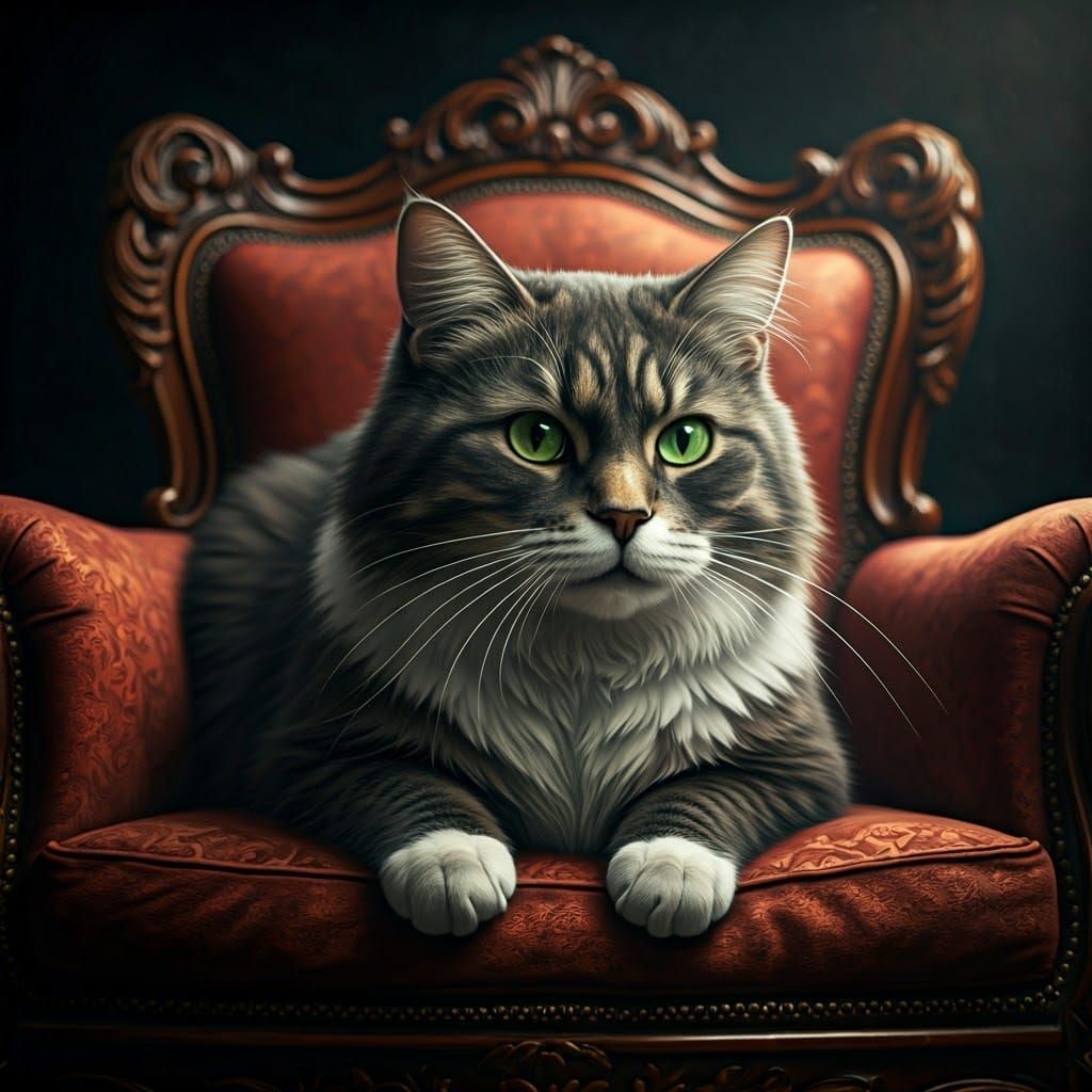 a big chubby tuxedo cat sitting in a luxury chair