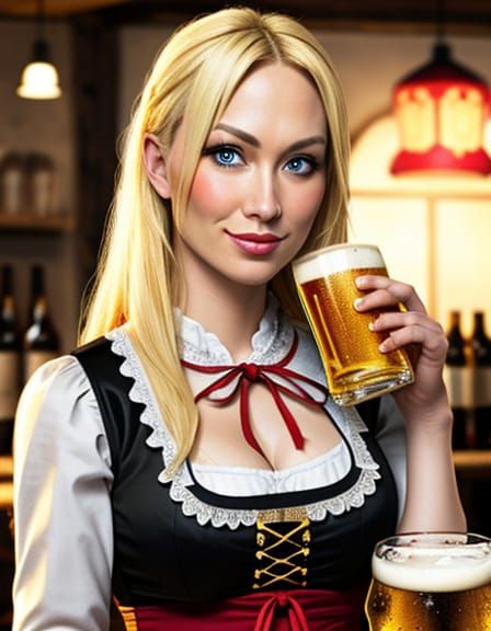 Girl in Dirndl Drinking Beer at Oktoberfest