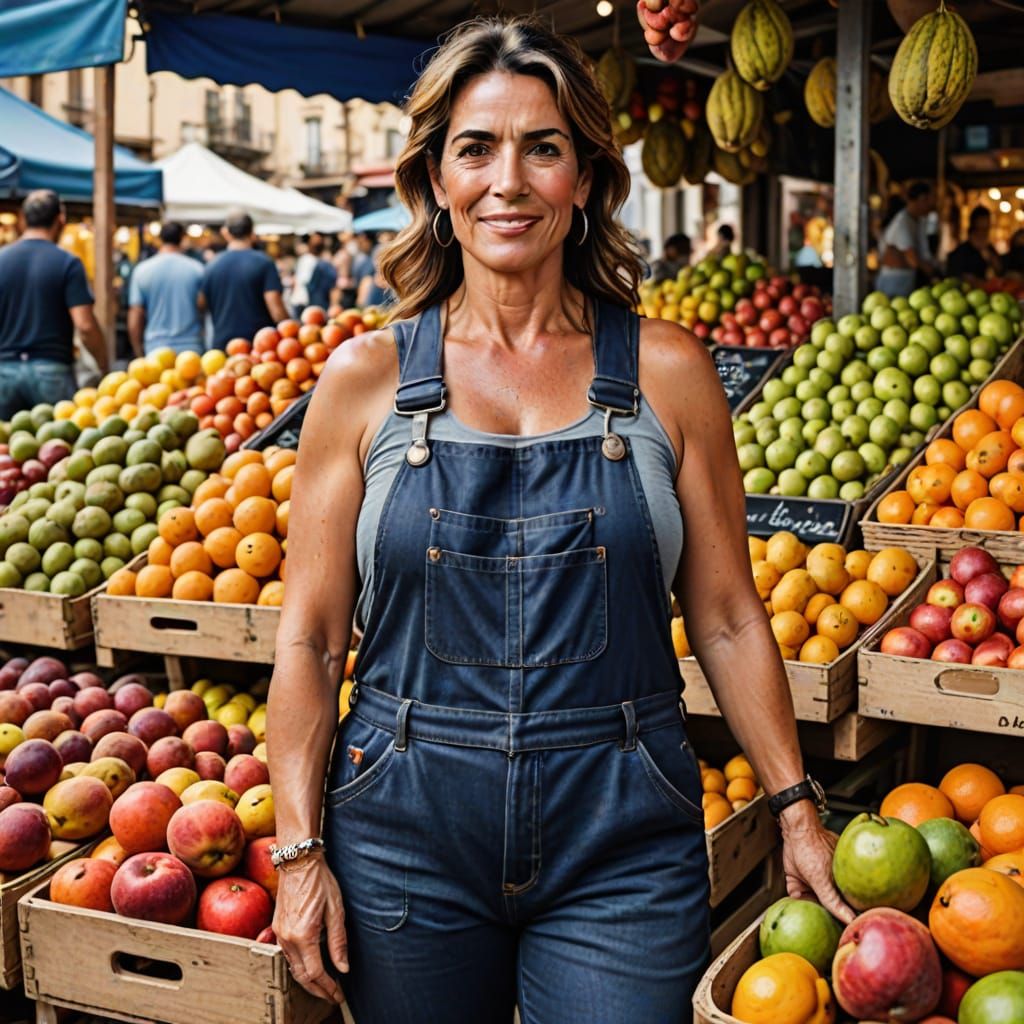 Vibrant Spanish Fruit Seller in a Colorful Market Stall