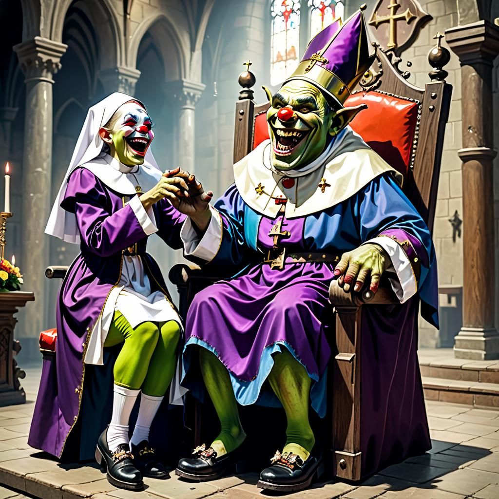 Humorous Orc Bishop Tickling Nun on Throne