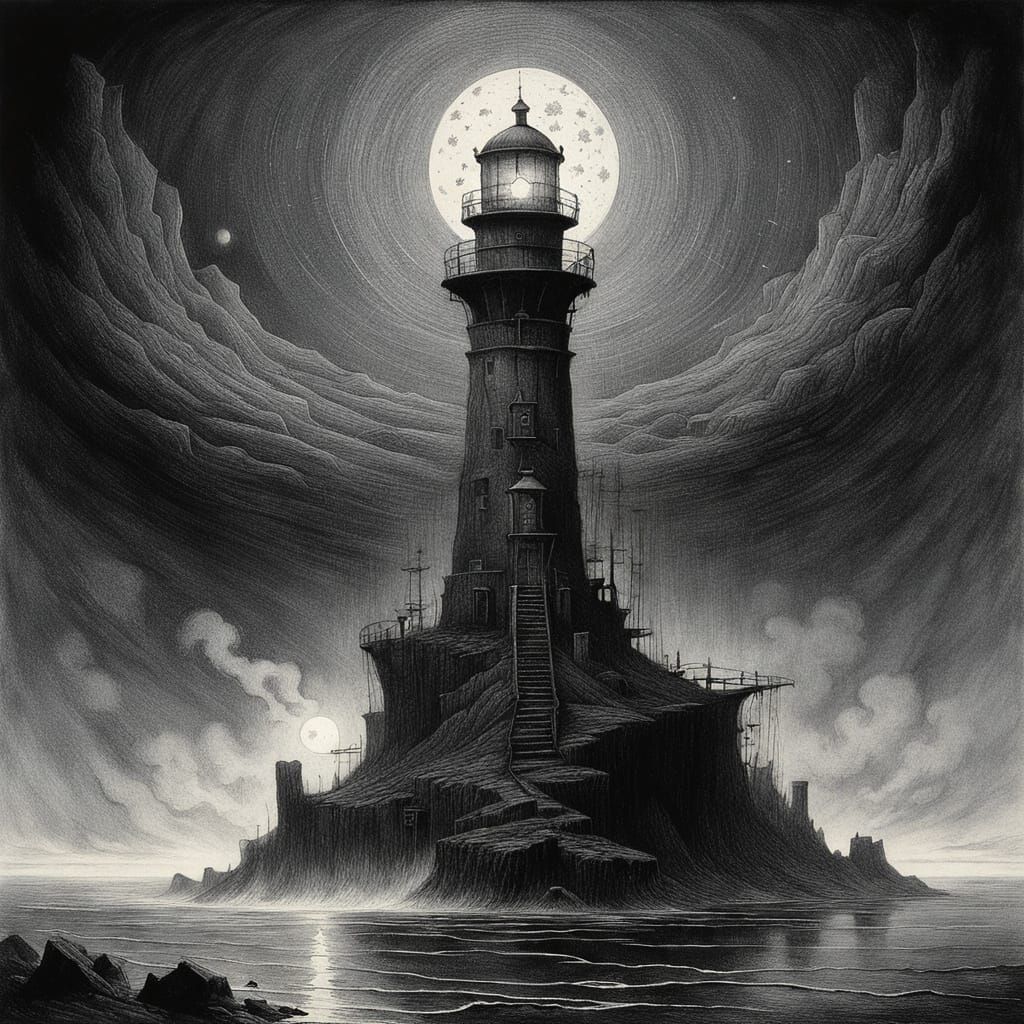 Clockwork Lighthouse in Dark Surrealist Style