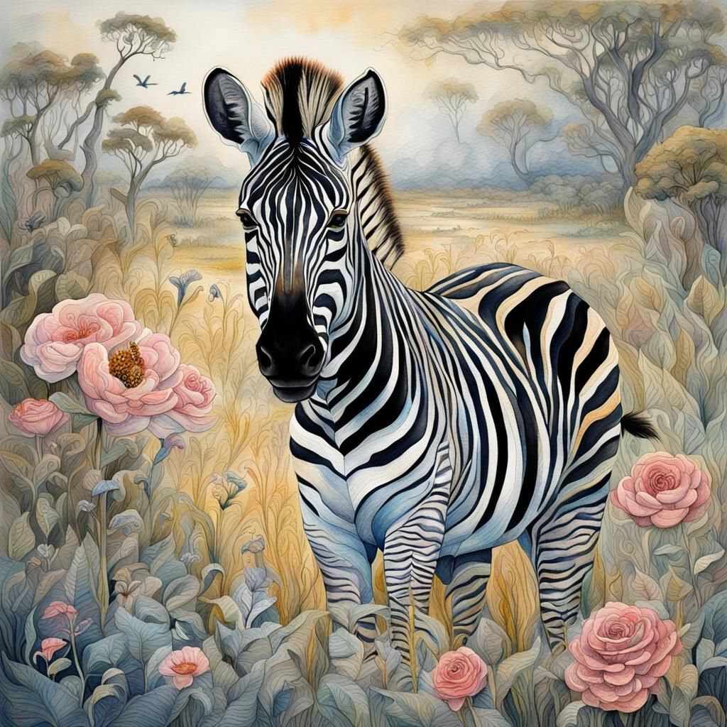 Zebra in Savannah: Intricate Watercolour Fantasy