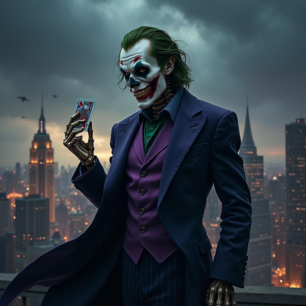 Skeleton Joker in Gotham, Maximalist Art Style