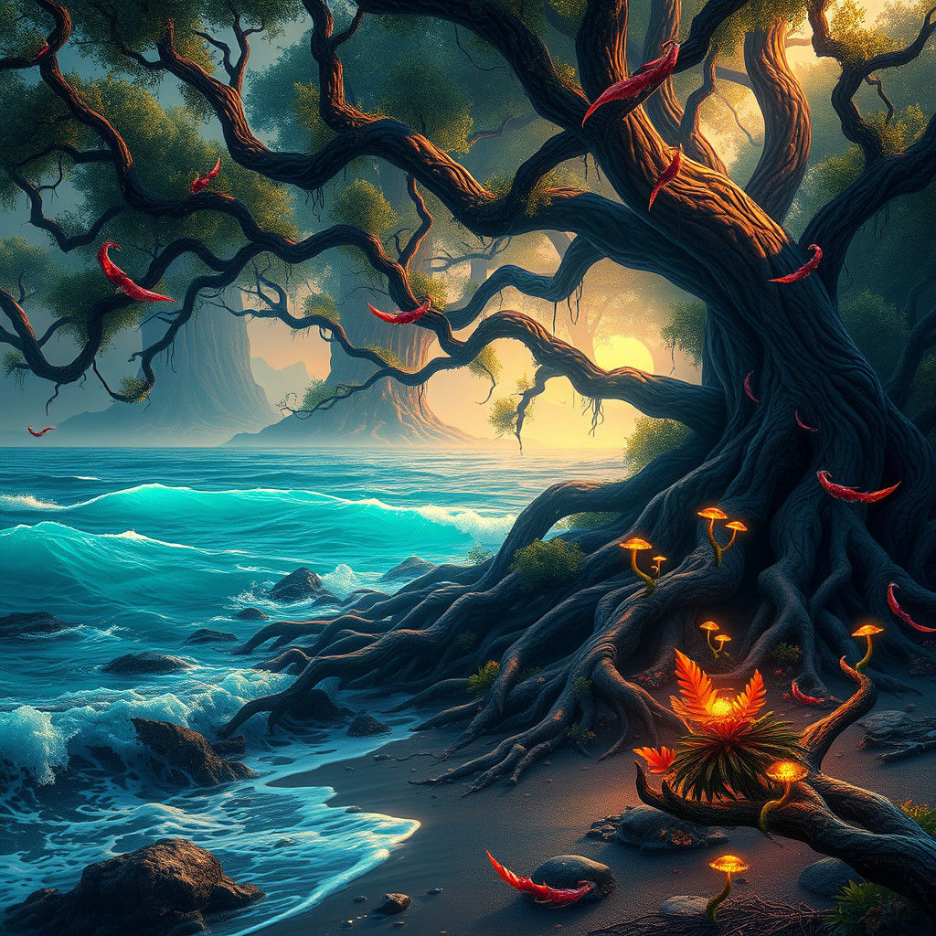 Mystical Forest Emerges from Shoreline in Fantasy Art
