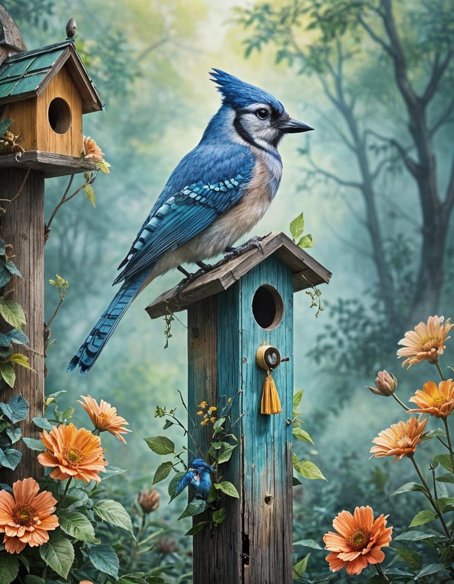 Vibrant Watercolor Fantasy Bird Scene