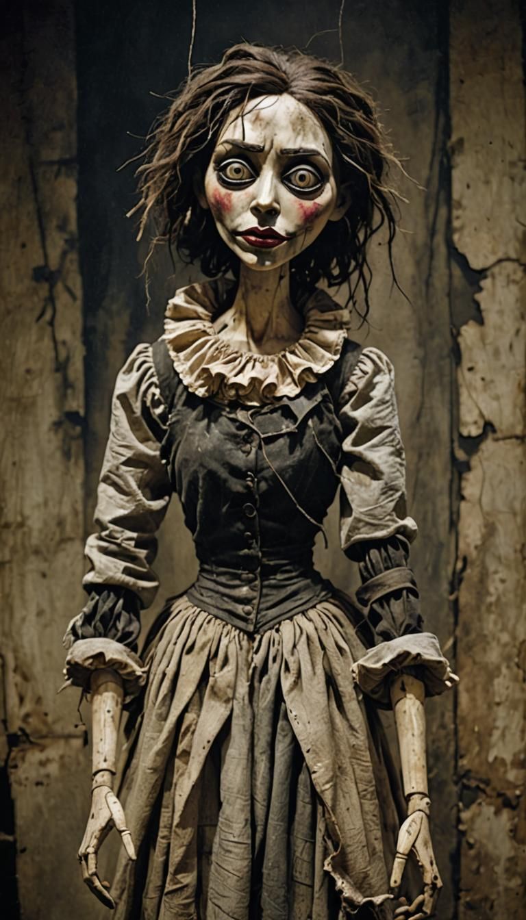 Haunting Puppet of Woman in Ragged Clothing