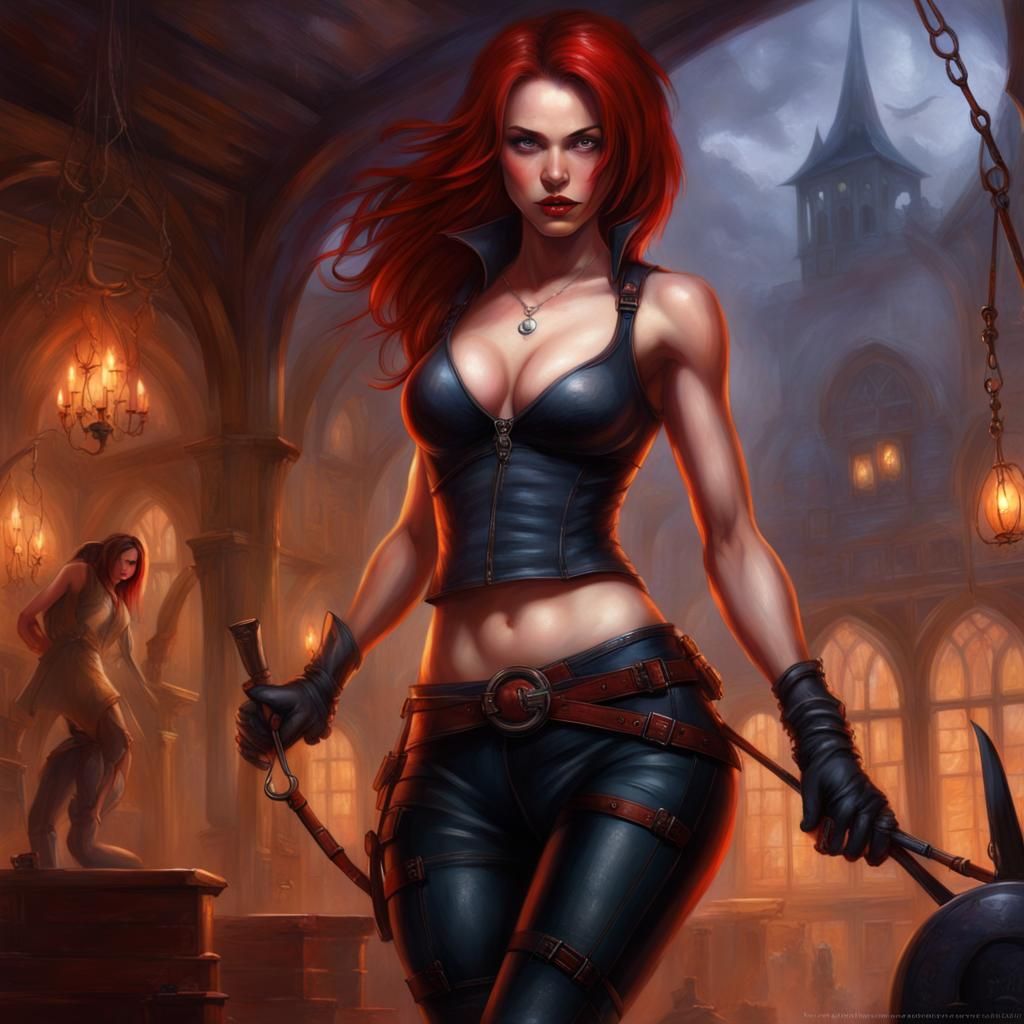 Bloodrayne in Fitness Gym, Hyperdetailed Fantasy Style