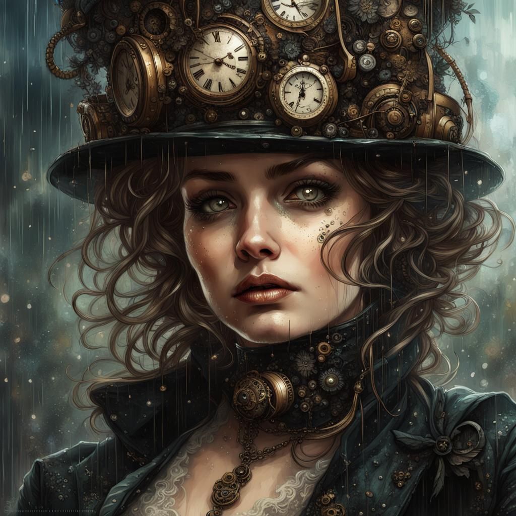 Steampunk Lady with Metallic Flowers, Digital Art
