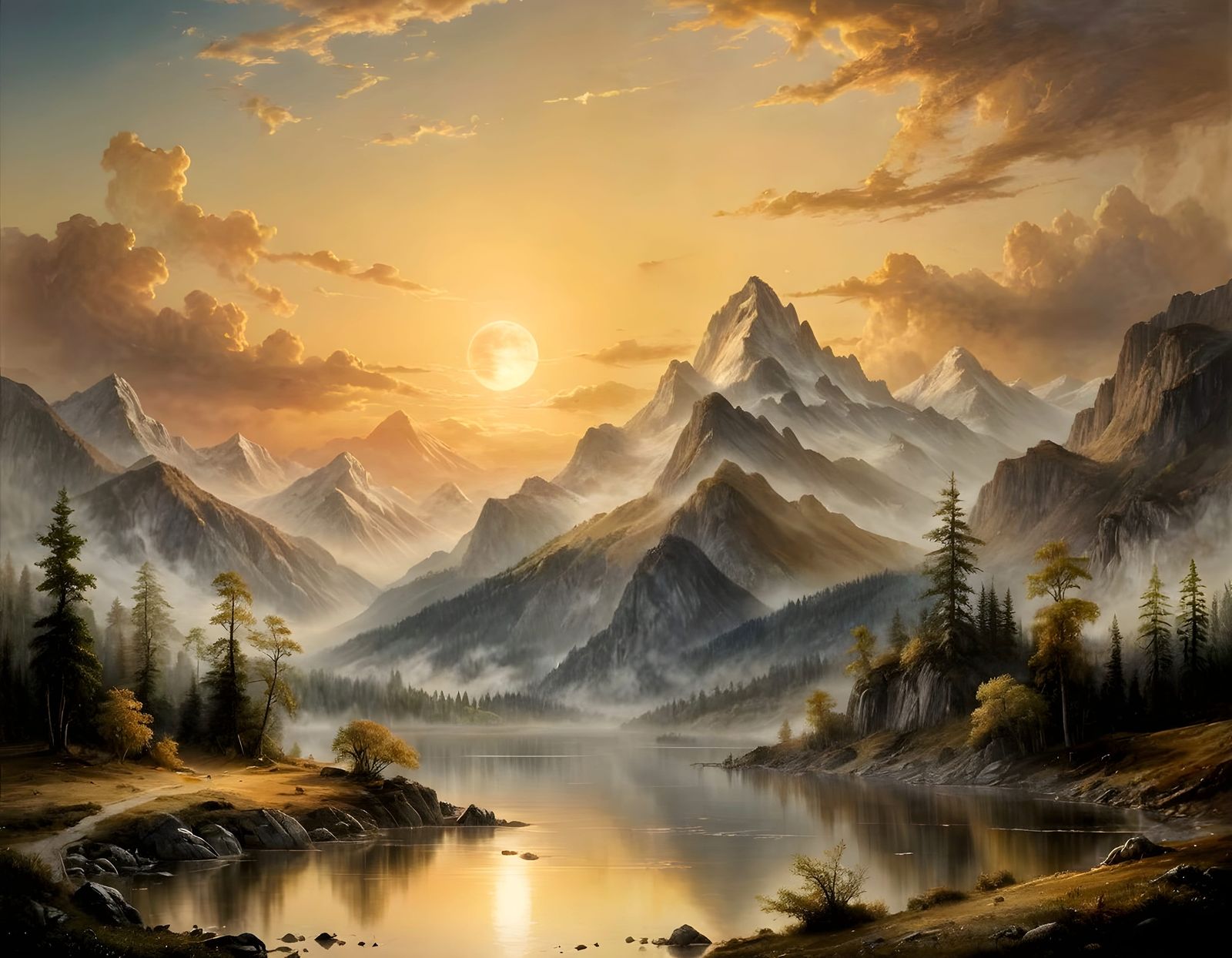 Dreamy Mountain Landscape with Golden Moon and Mist