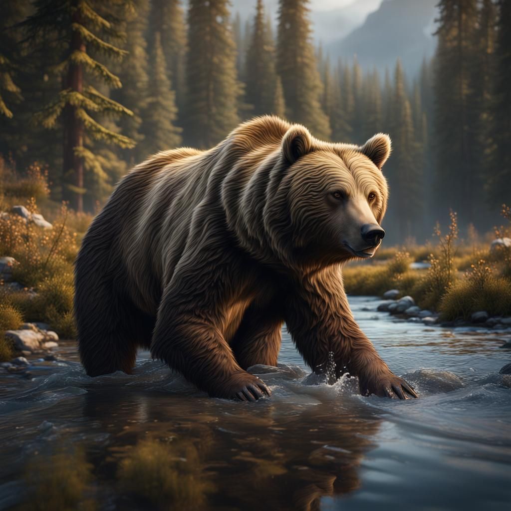 Grizzly Bear Eating Fish: Detailed Matte Painting