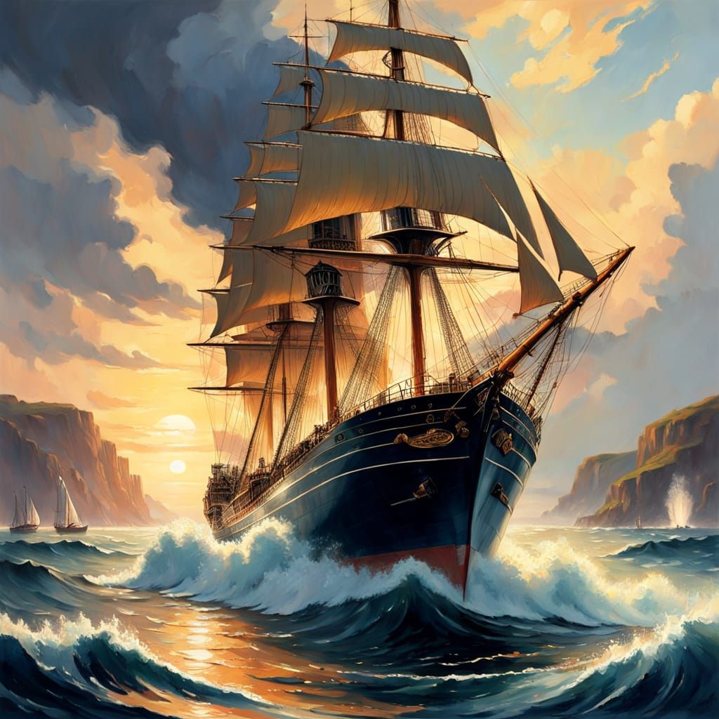 Vibrant Harbour Scene with a Majestic Ship