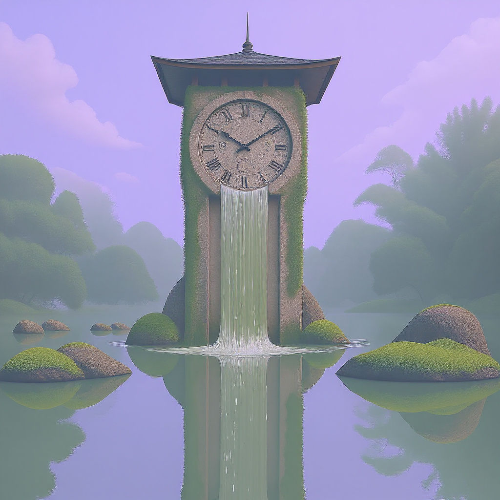 Melting Clock Tower in Zen Garden: Watercolor Art