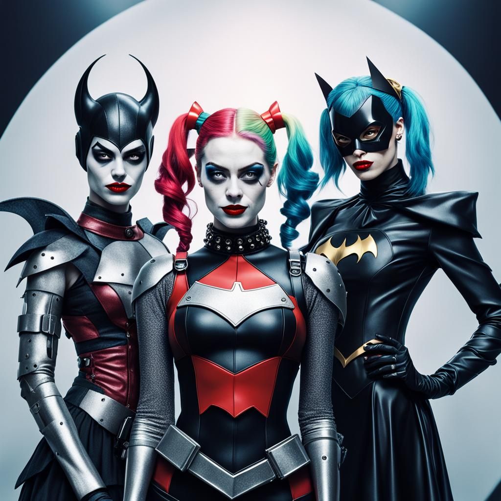 Robot Joker, Cyborg Harley Quinn, and Batgirl