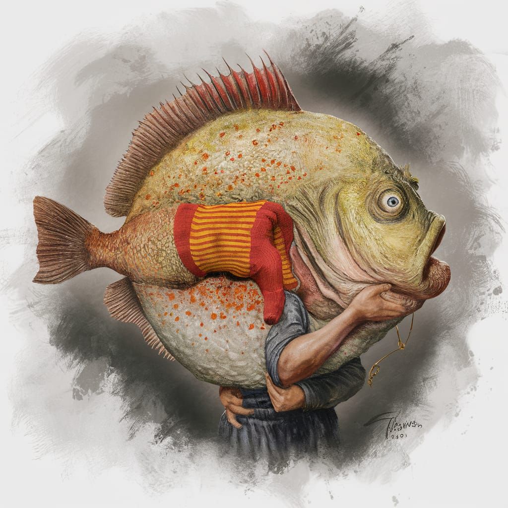 Surreal Fish Creature Embraced, Impasto Style