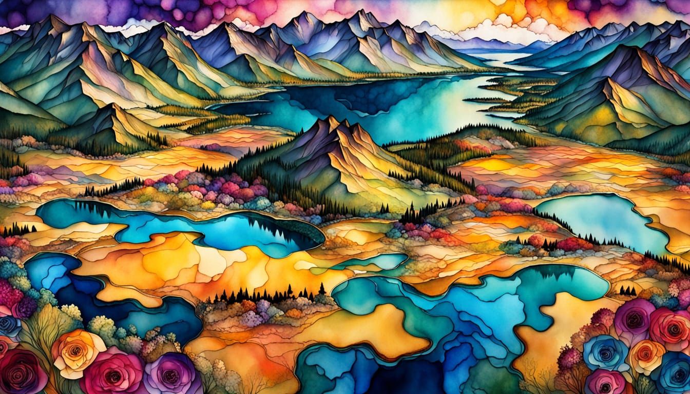 Vibrant Mountain Valley with Lake in Alcohol Ink