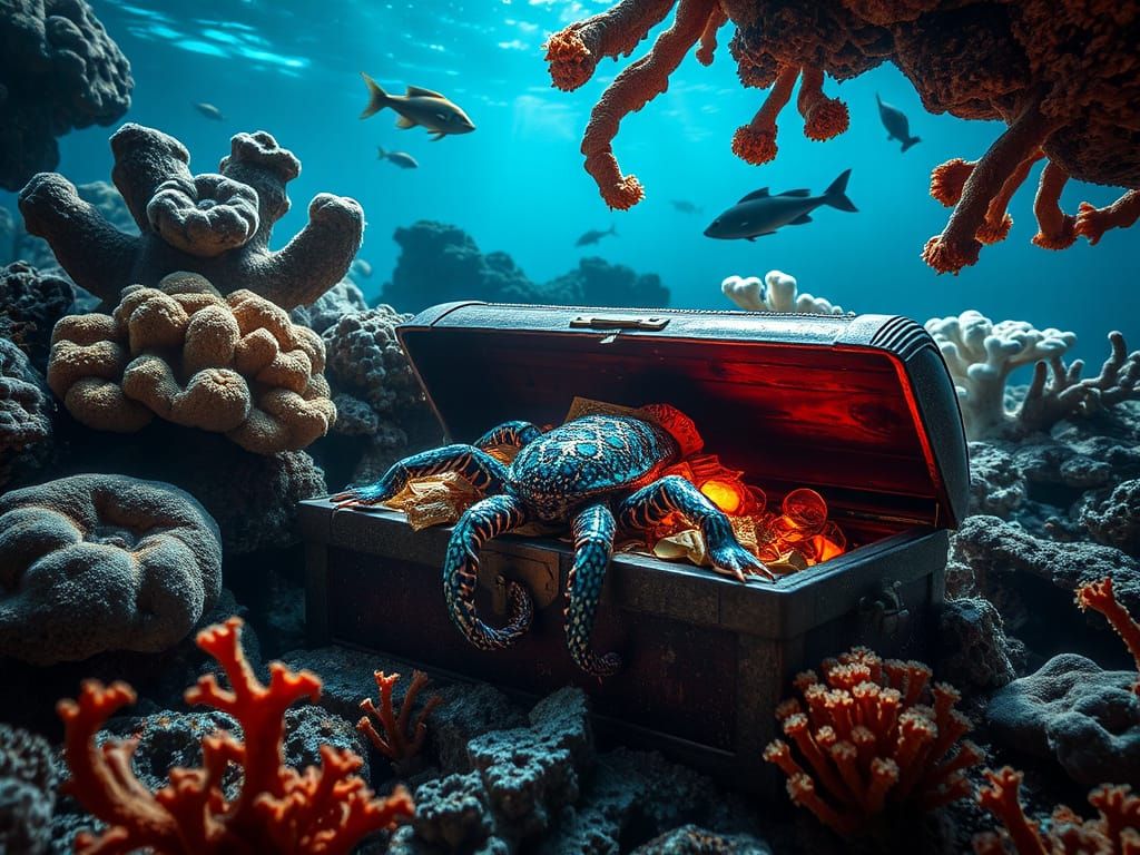Sunken Treasure Chest Amongst Coral Reef