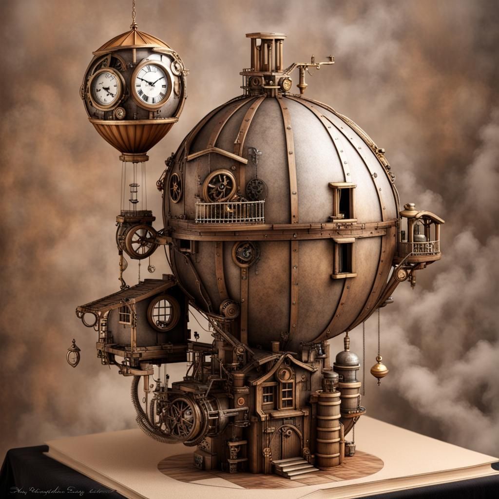 House Floating in Clouds with Balloons, Steampunk Style