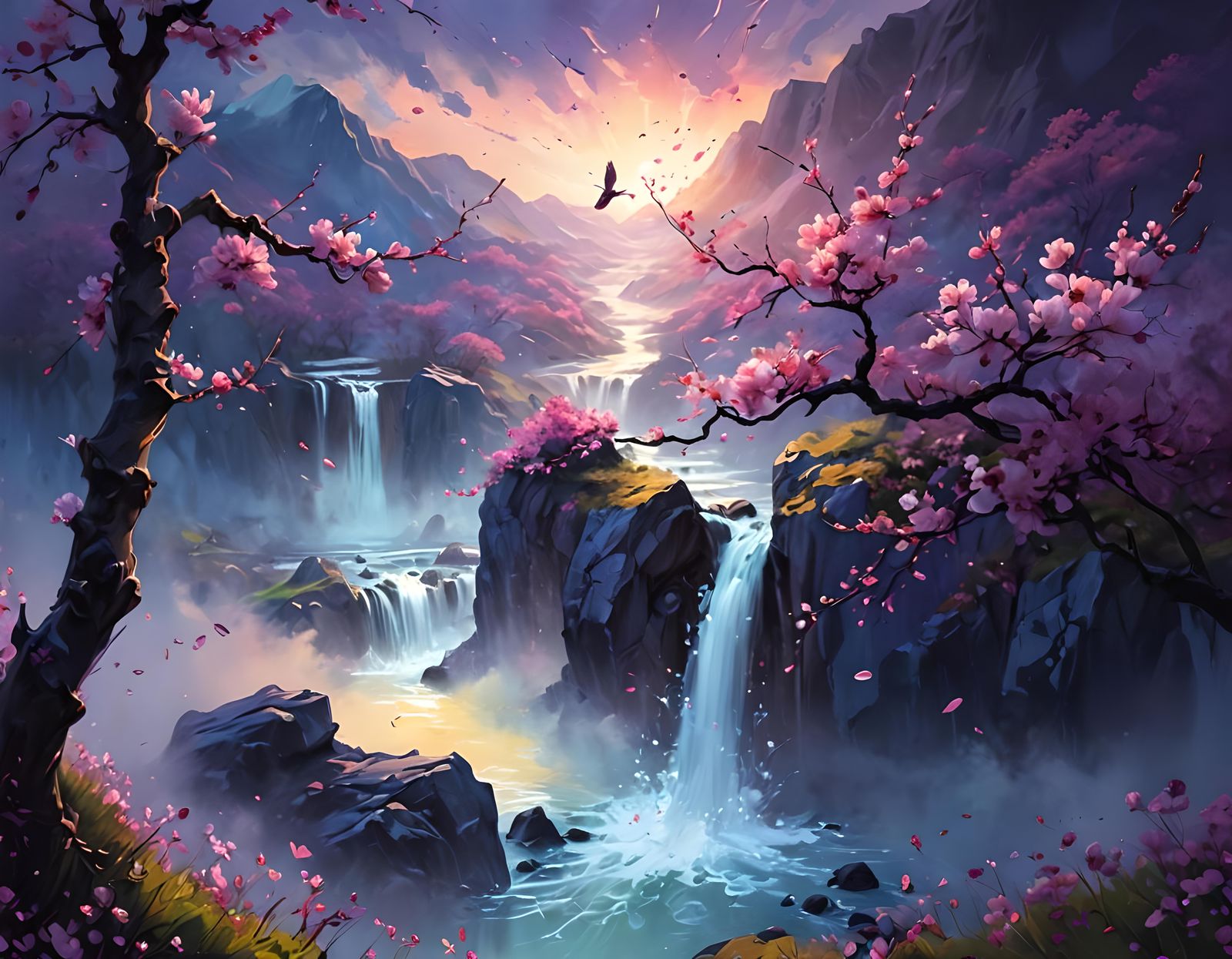 Birds-Eye View of Cherry Blossom Trees in Ink