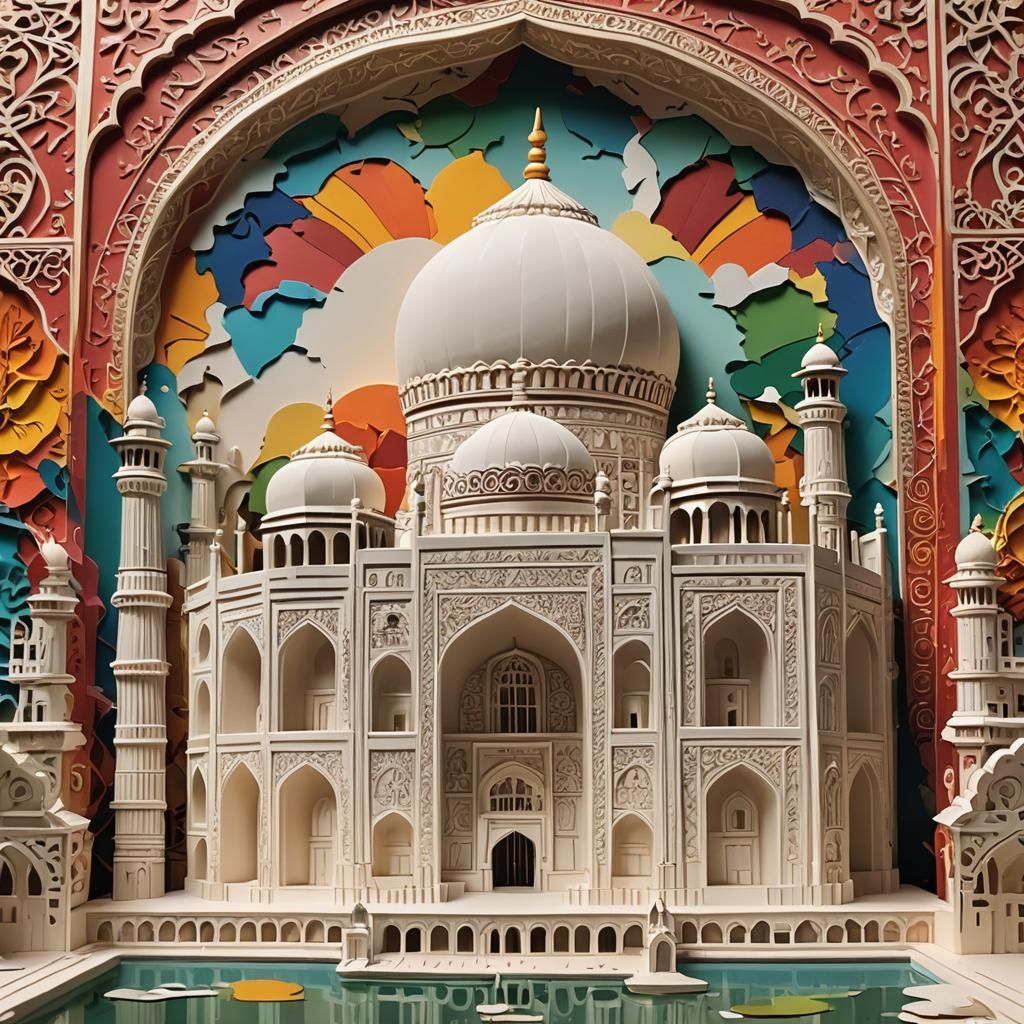 Taj Mahal Kirigami: Hyperrealistic Splash Art