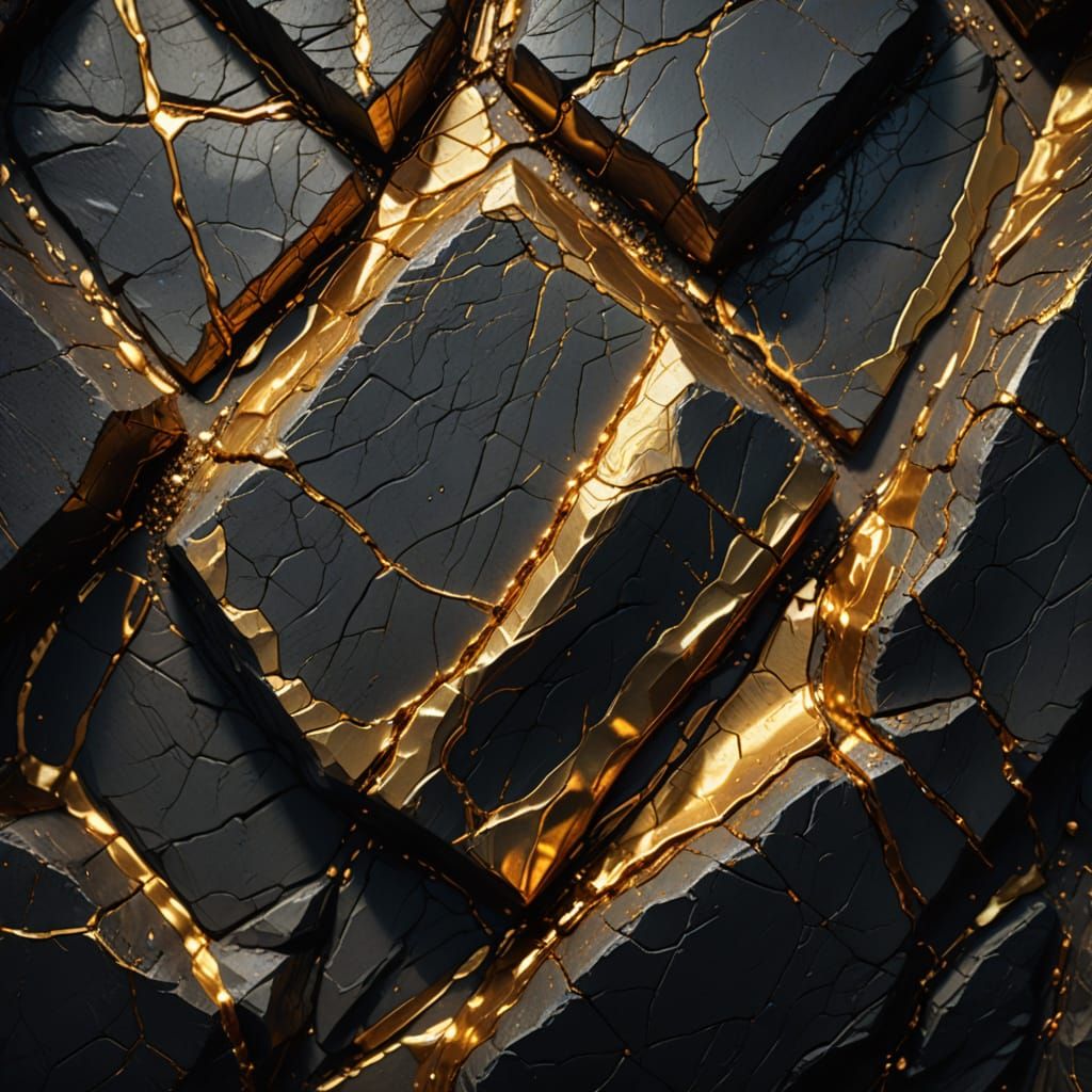Glinting Gold in Dark Stone, Hyperrealistic Digital Painting