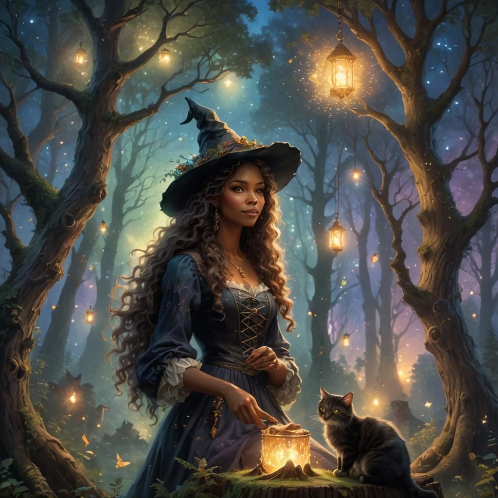 Enchanted Forest Witch with Cat in Ethereal Style