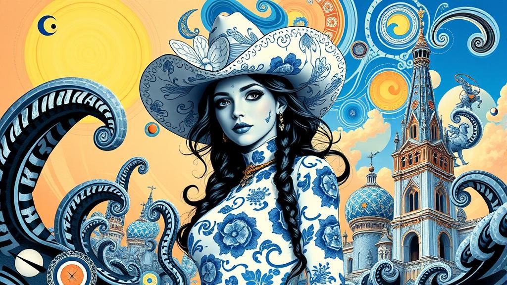 Psychedelic Cowgirl in Delft Blue Surreal Dreamscape