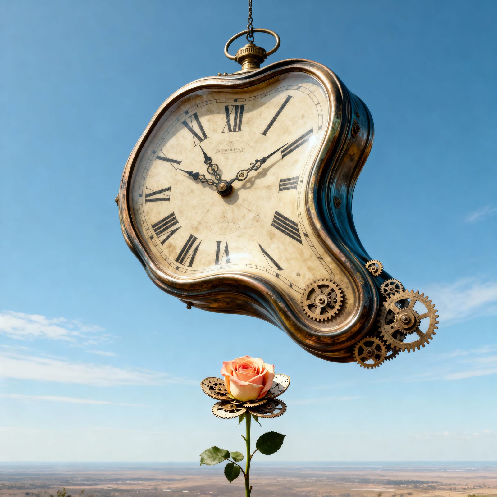 Melting Clock in Empty Sky Above Clockwork Rose