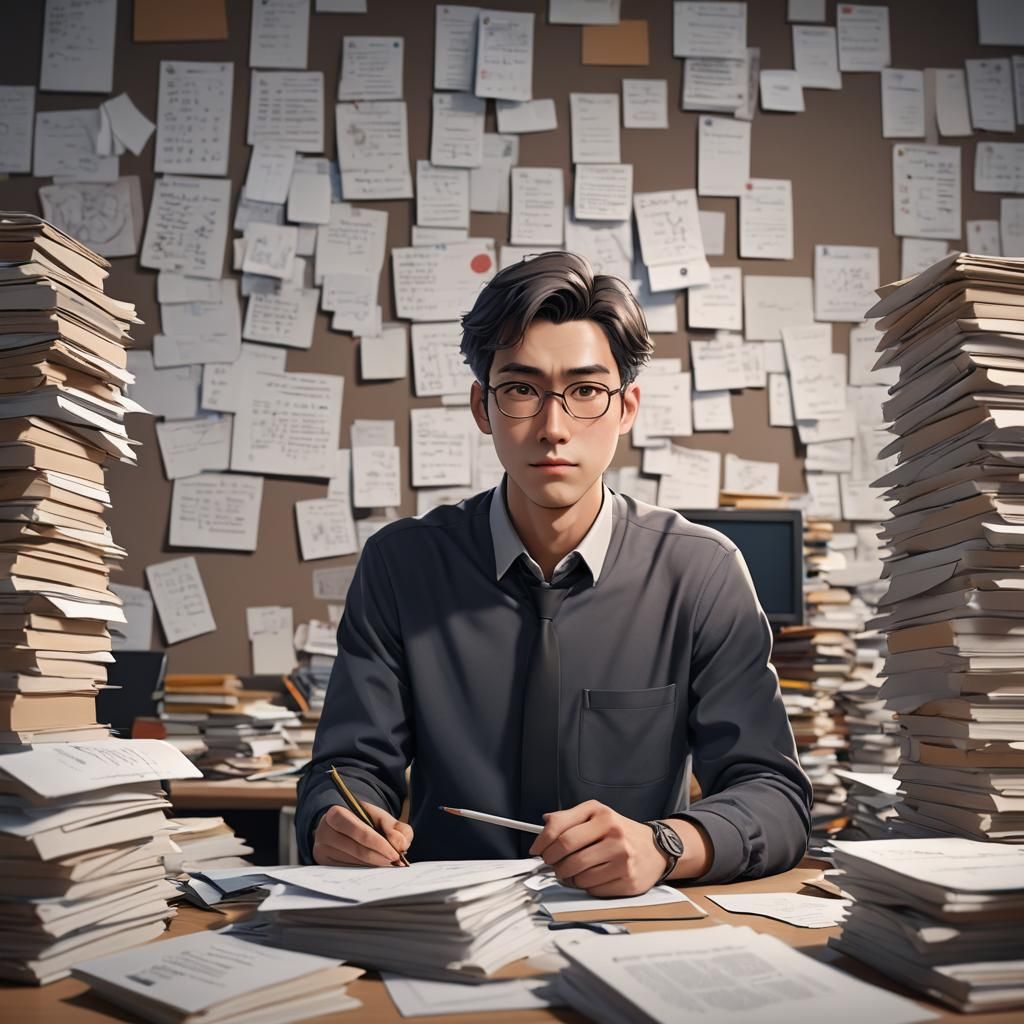 Confident Teacher Surrounded by Assignments in Anime Style
