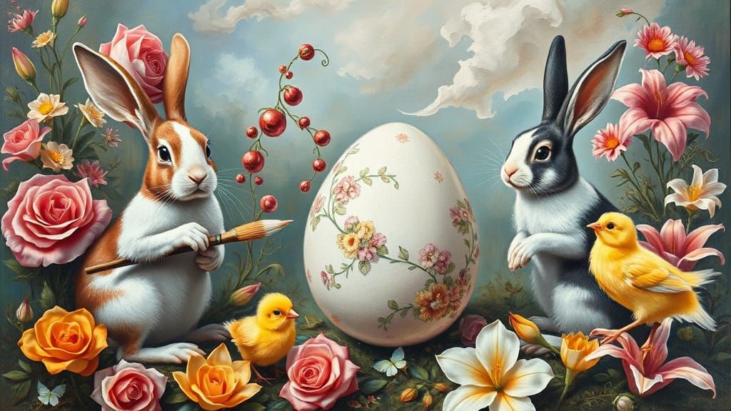 Surreal Easter Scene with Rabbits and Chicks