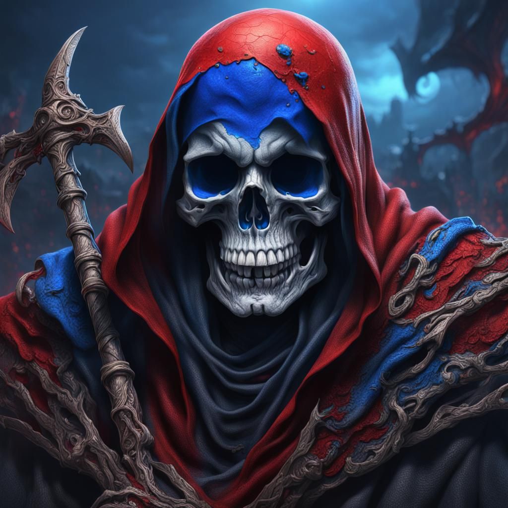 Grim Reaper Skull: Red and Blue Matte Painting