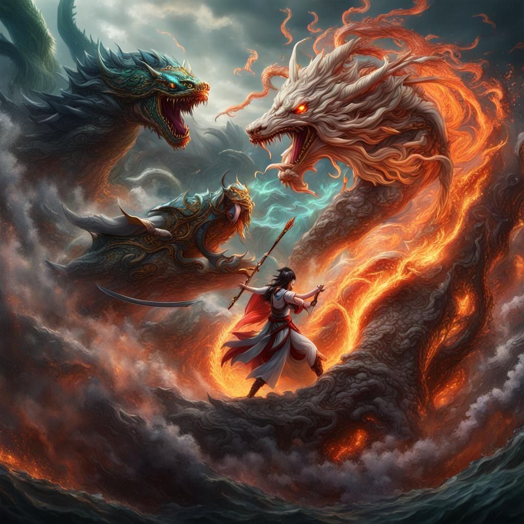 Amaterasu Battles Leviathan in Detailed Fantasy Art