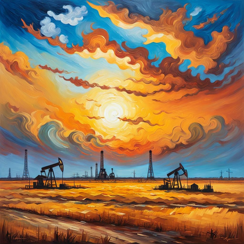 Texas Oil Fields Sunset in Van Gogh Style