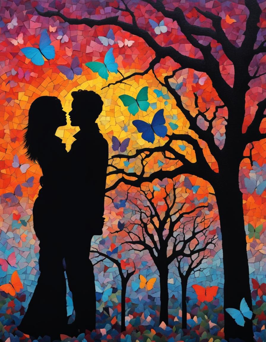 Gothic Valentine: Lovers in Mosaic Butterfly Tree